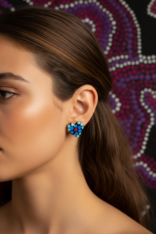 Black, Blue and Teal – Hand-Painted Aboriginal Art Heart Stud Earrings (20mm)