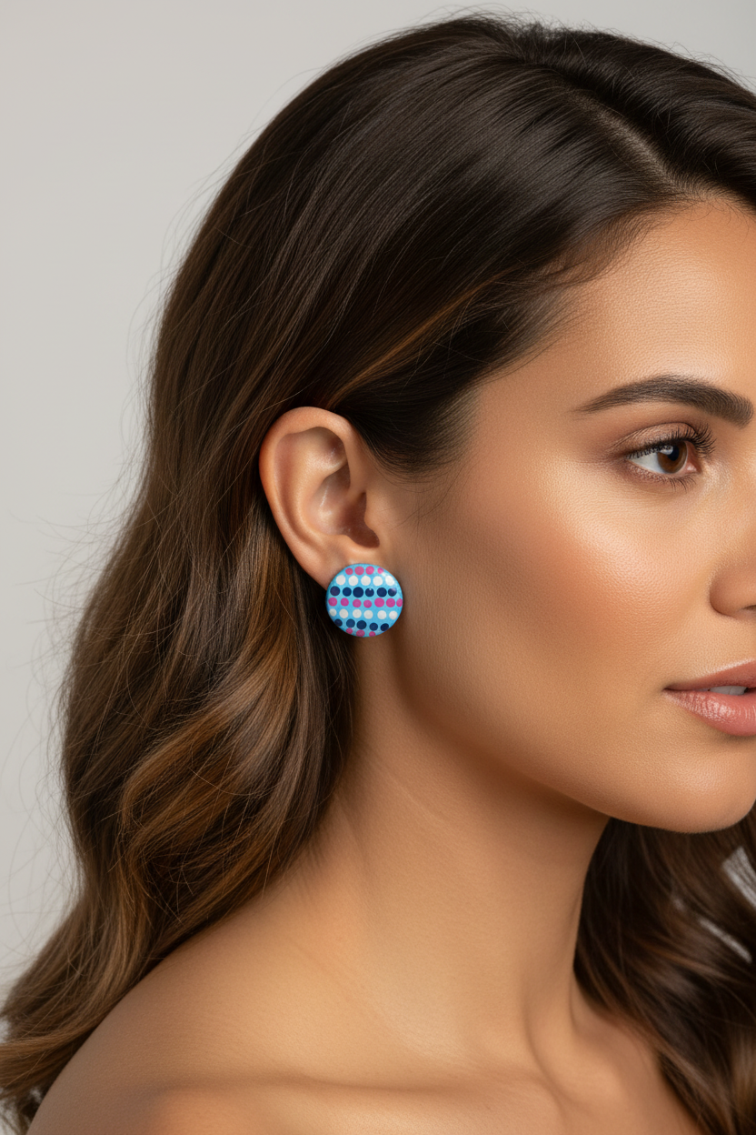 Sky blue, navy & magenta – Hand-Painted Aboriginal Art Round Stud Earrings