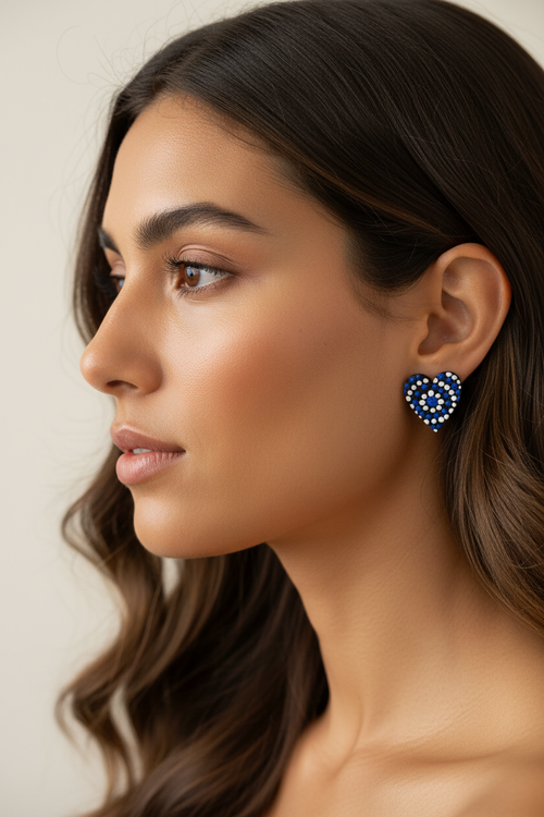 Black, Blue & White – Hand-Painted Aboriginal Art Heart Stud Earrings (20mm)