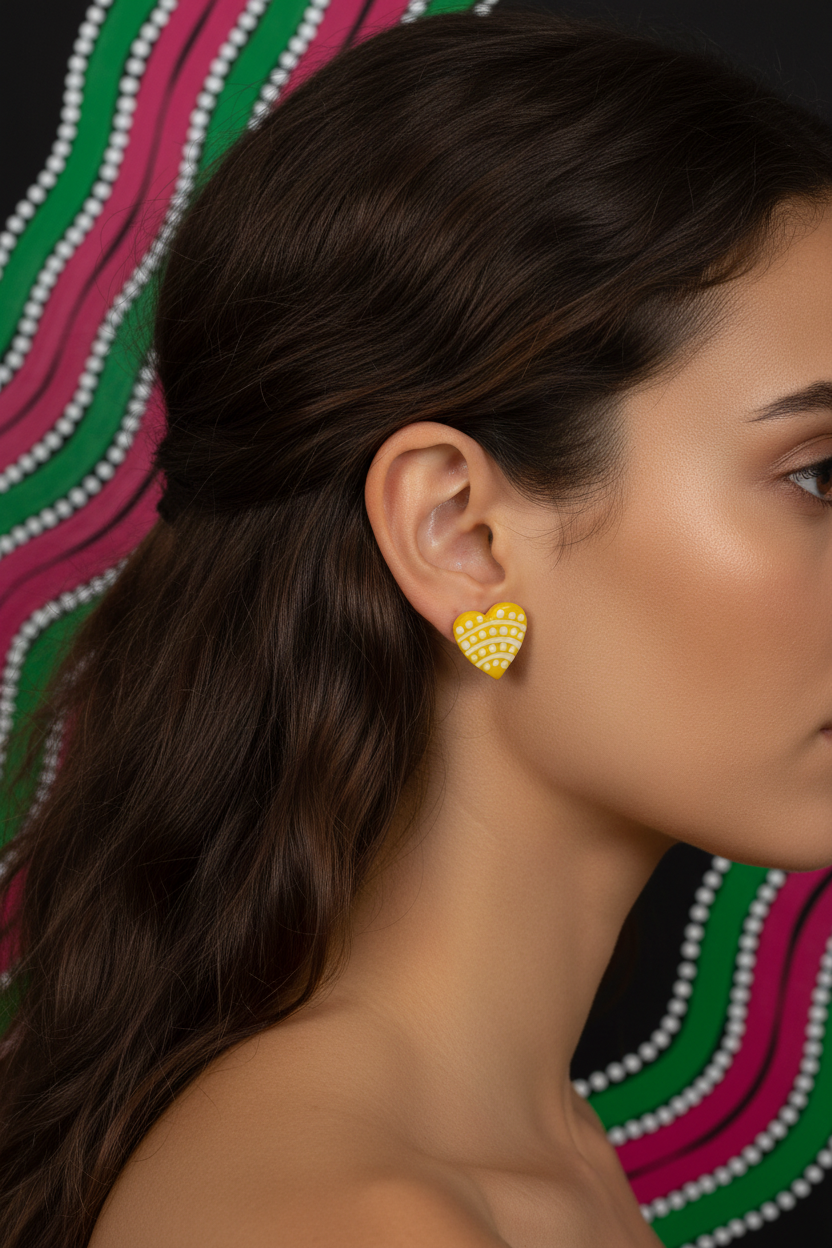 Yellow – Hand-Painted Aboriginal Art Heart Stud Earrings (20mm)