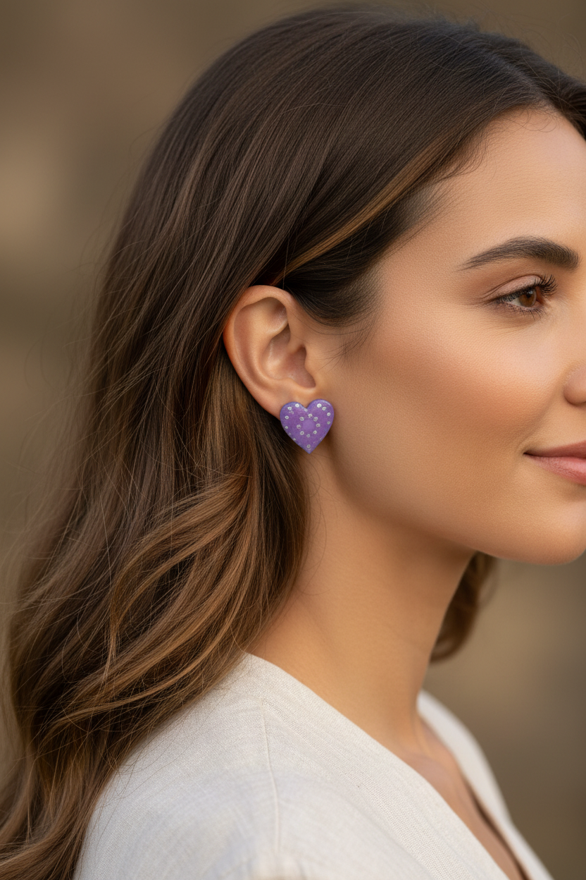 Purple & Silver – Hand-Painted Aboriginal Art Heart Stud Earrings (20mm)