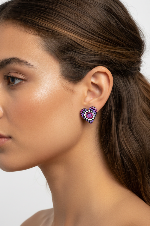 Black, pink and purple – Hand-Painted Aboriginal Art Heart Stud Earrings (20mm)
