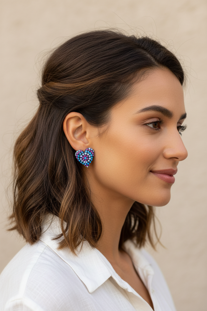 Navy, blue & purple – Hand-Painted Aboriginal Art Heart Stud Earrings (20mm)