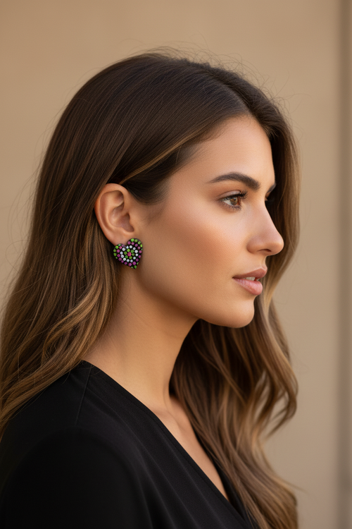 Black, Pink, Lime & White – Hand-Painted Aboriginal Art Heart Stud Earrings (20mm)