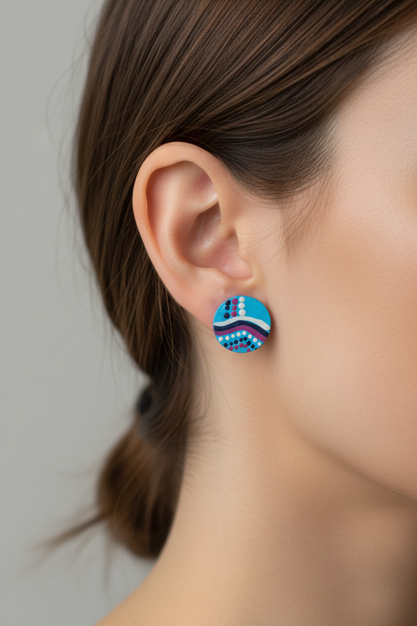 Ocean – Hand-Painted Aboriginal Art Round Stud Earrings