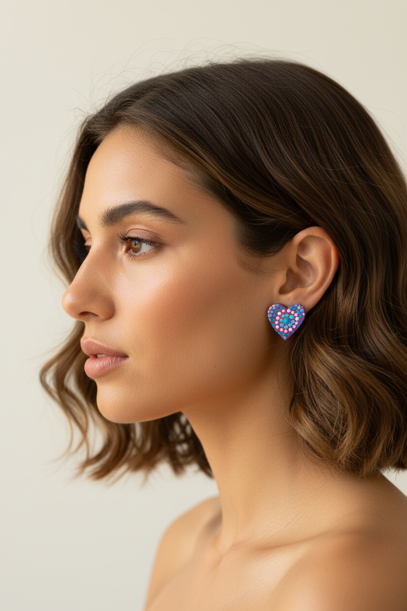 Purple & Teal – Hand-Painted Aboriginal Art Heart Stud Earrings (20mm)