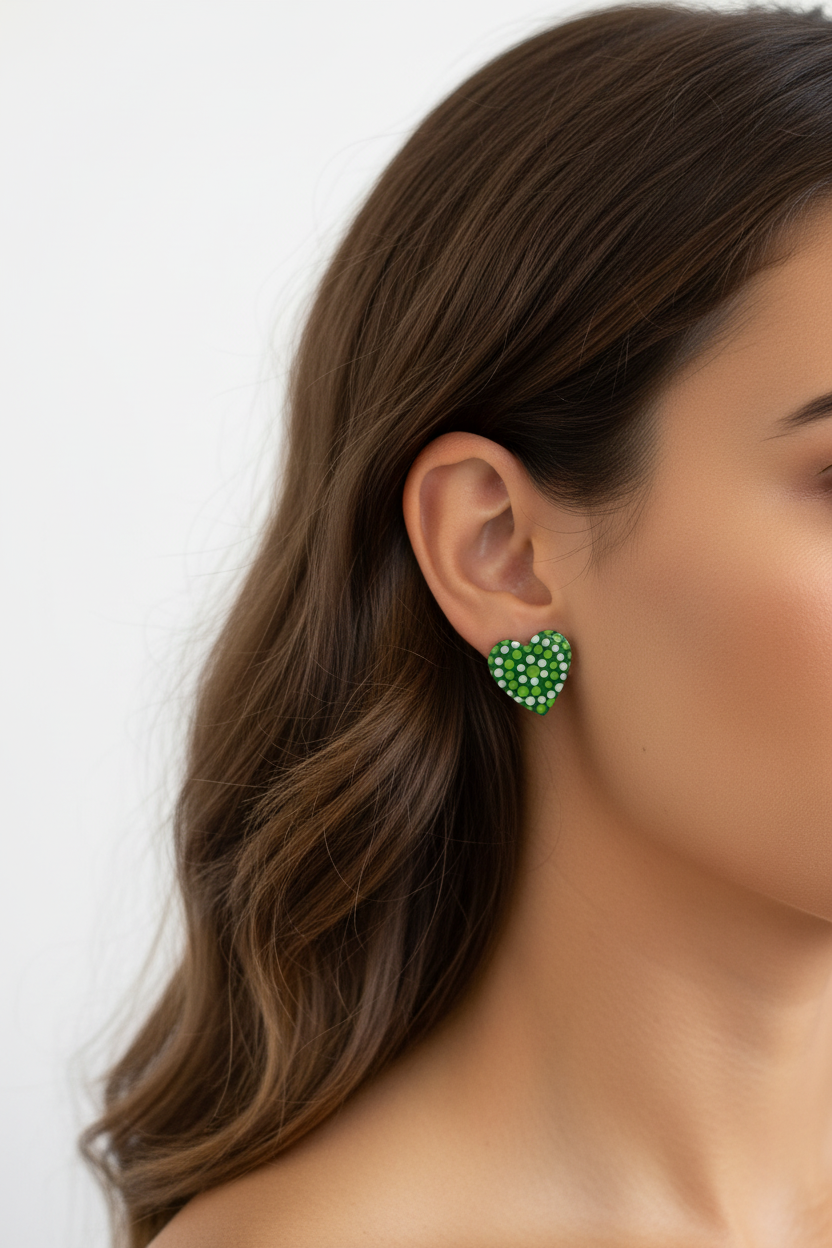 Green – Hand-Painted Aboriginal Art Heart Stud Earrings (20mm)
