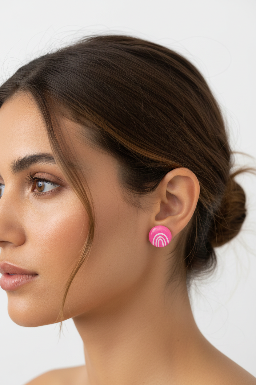 Hot pink & white – Hand-Painted Aboriginal Art Round Stud Earrings