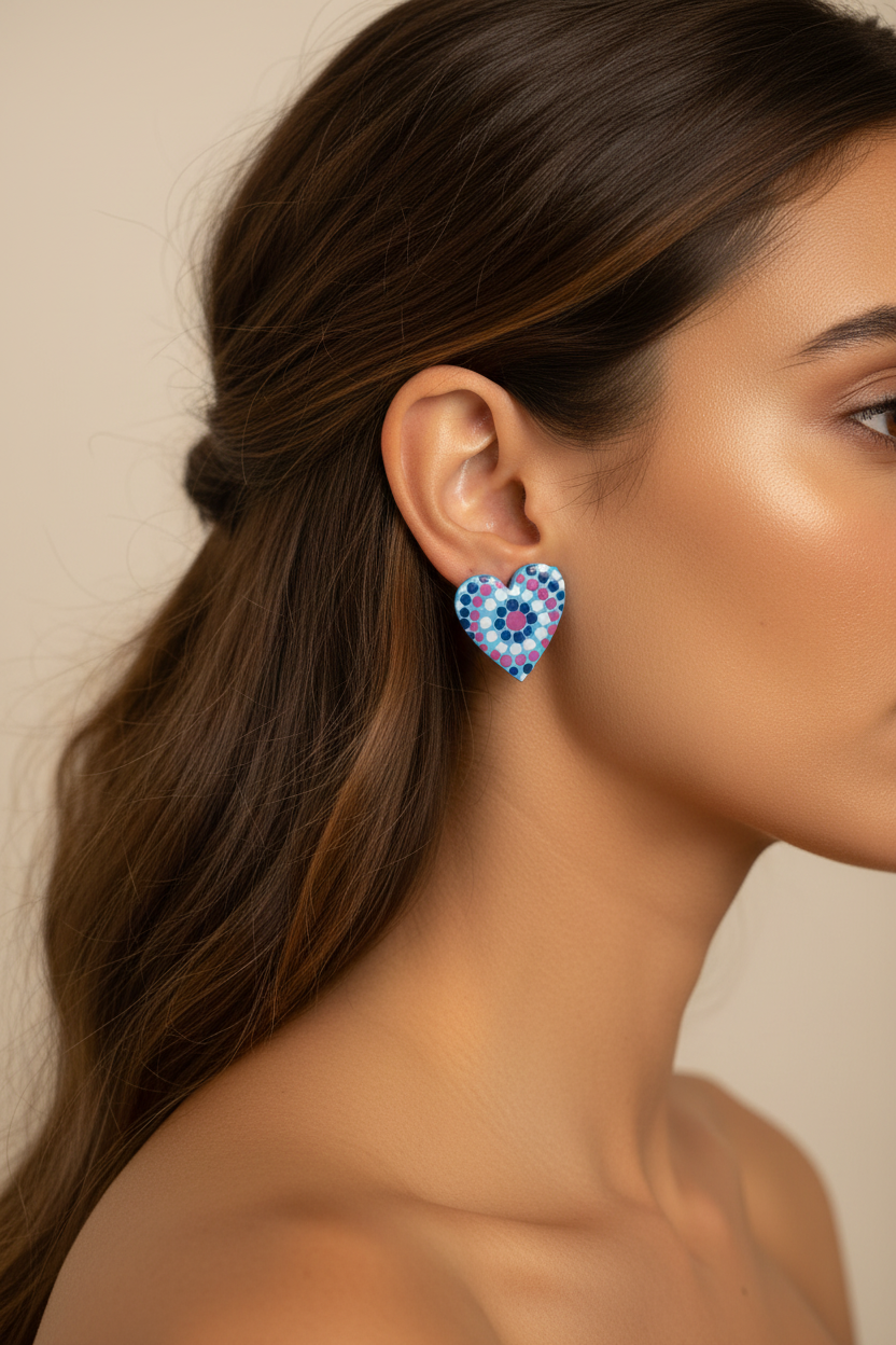 Blue, pink & navy – Hand-Painted Aboriginal Art Heart Stud Earrings (20mm)