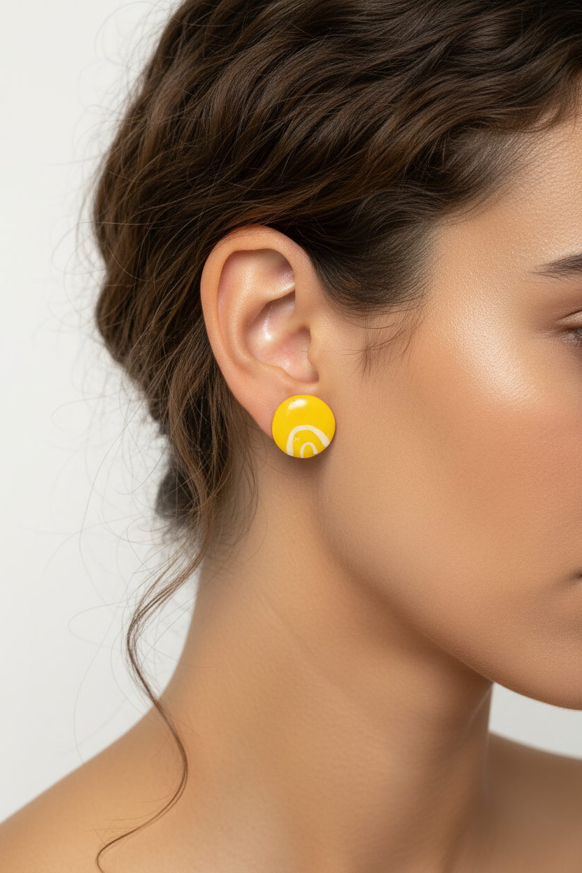 Golden yellow & white – Hand-Painted Aboriginal Art Round Stud Earrings