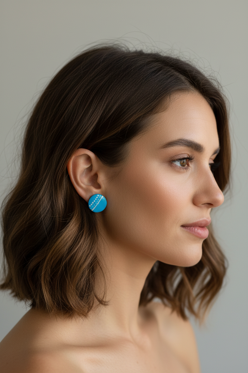 Aqua & white – Hand-Painted Aboriginal Art Round Stud Earrings