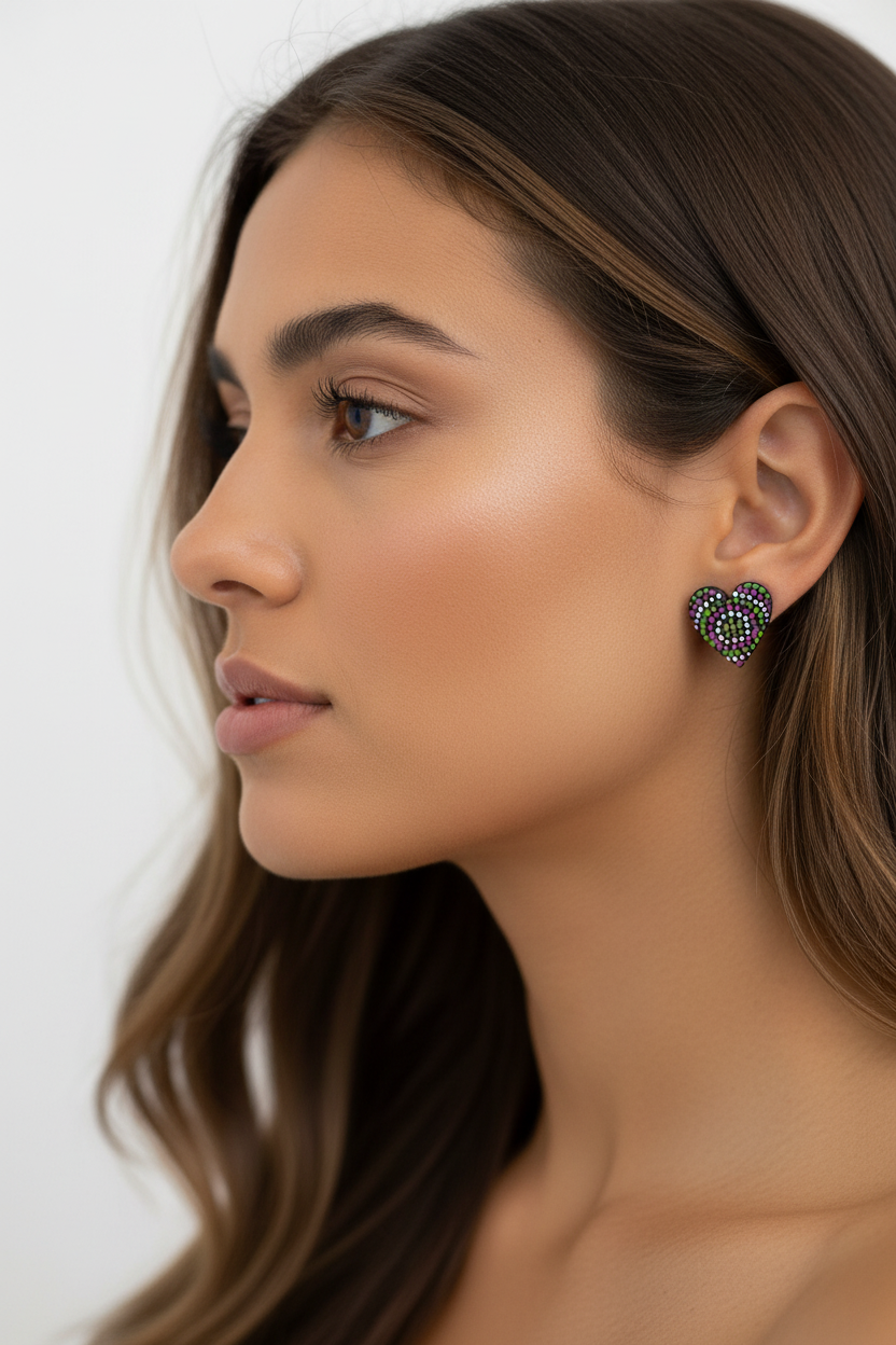 Purple, Green & White – Hand-Painted Aboriginal Art Heart Stud Earrings (20mm)