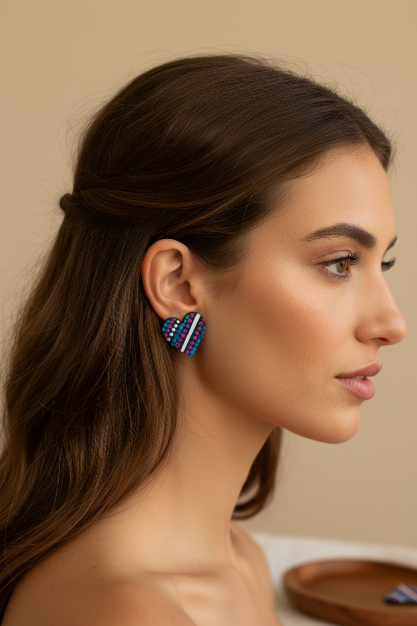 Blue, Pink, Blue & White – Hand-Painted Aboriginal Art Heart Stud Earrings (20mm)