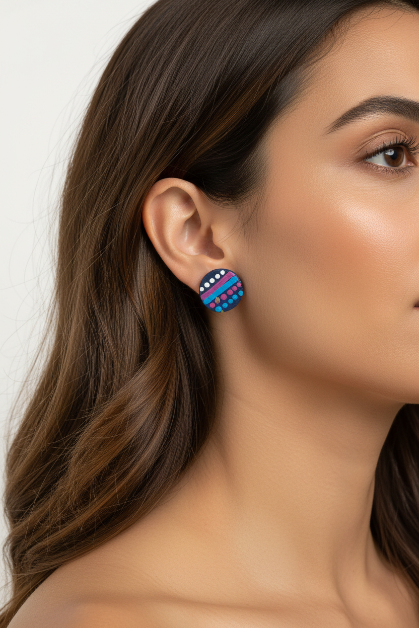 Navy, pink, blue & white – Hand-Painted Aboriginal Art Round Stud Earrings