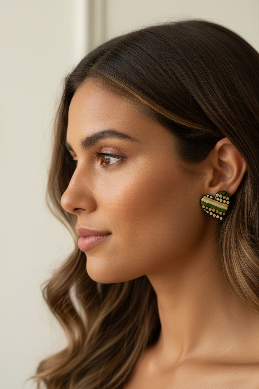 Green, Gold & Cream – Hand-Painted Aboriginal Art Heart Stud Earrings (20mm)