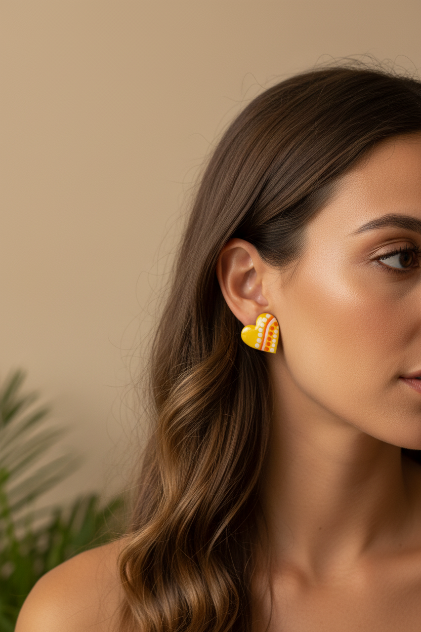 Yellow, Orange & White – Hand-Painted Aboriginal Art Heart Stud Earrings (20mm)