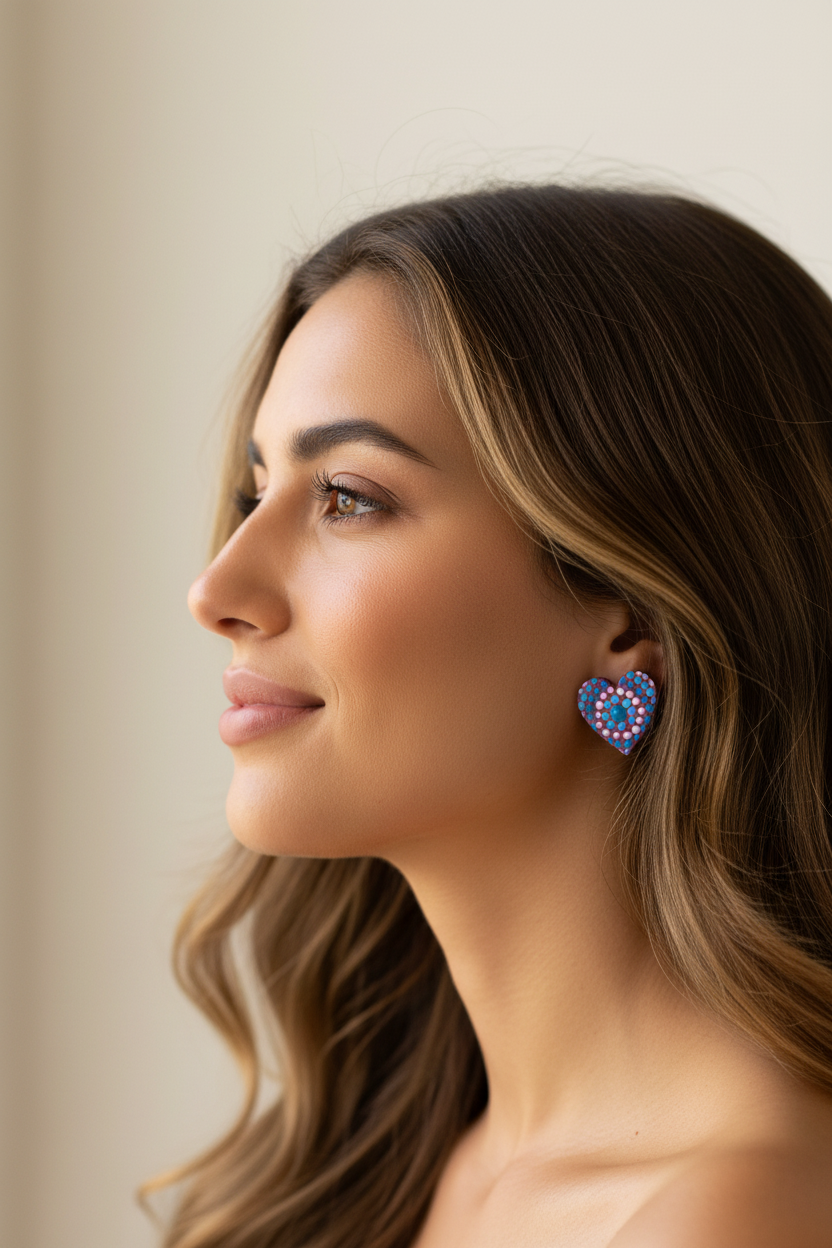 Purple & Turquoise – Hand-Painted Aboriginal Art Heart Stud Earrings (20mm)