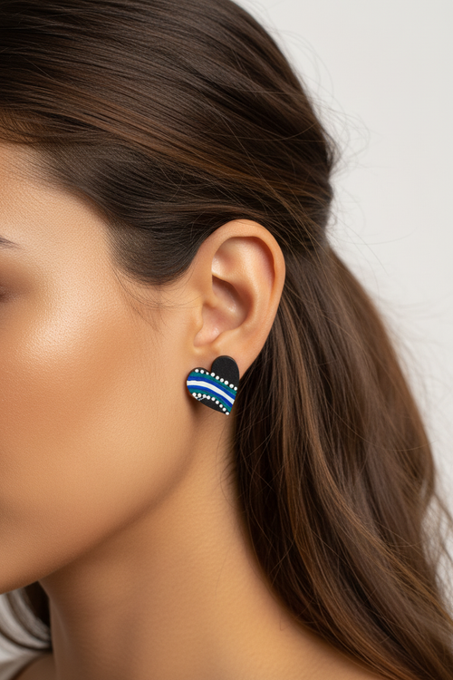 Black, Teal & Blue – Hand-Painted Aboriginal Art Heart Stud Earrings (20mm)