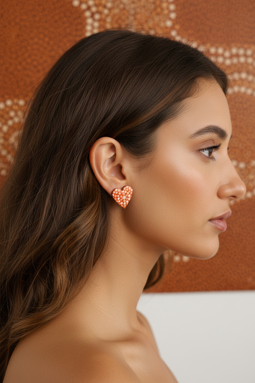 Orange – Hand-Painted Aboriginal Art Heart Stud Earrings (20mm)