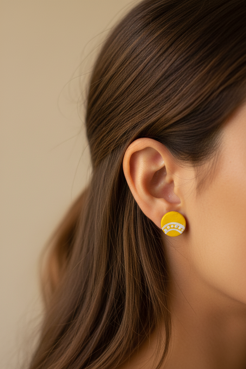 Yellow & white – Hand-Painted Aboriginal Art Round Stud Earrings
