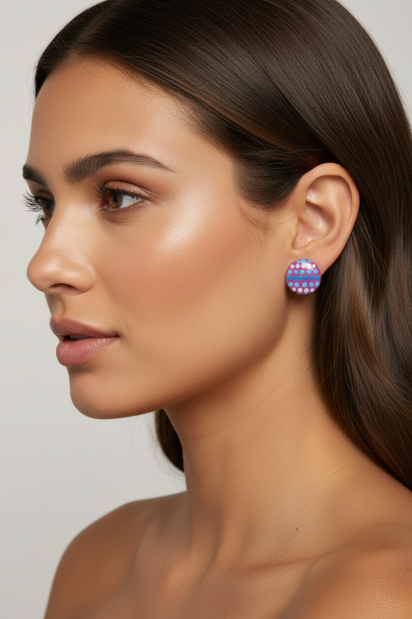 Magenta, blue & white – Hand-Painted Aboriginal Art Round Stud Earrings