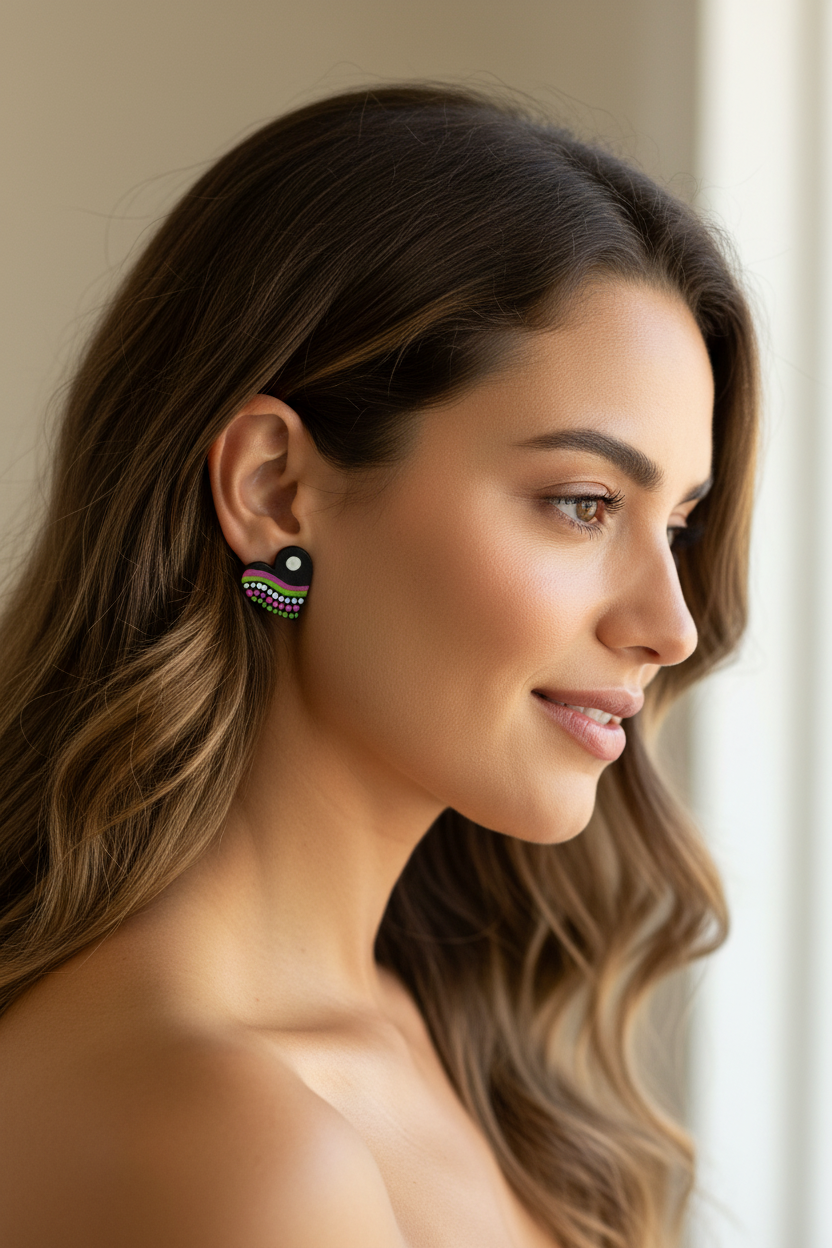 Black, Pink & Lime Green – Hand-Painted Aboriginal Art Heart Stud Earrings (20mm)