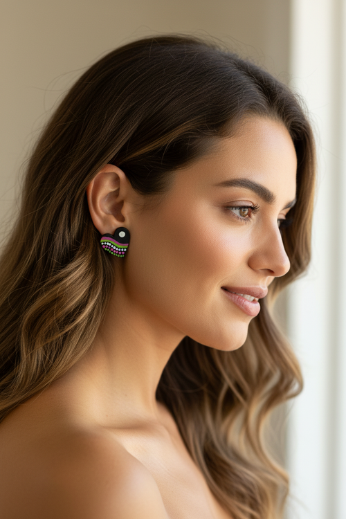 Black, Pink & Lime Green – Hand-Painted Aboriginal Art Heart Stud Earrings (20mm)