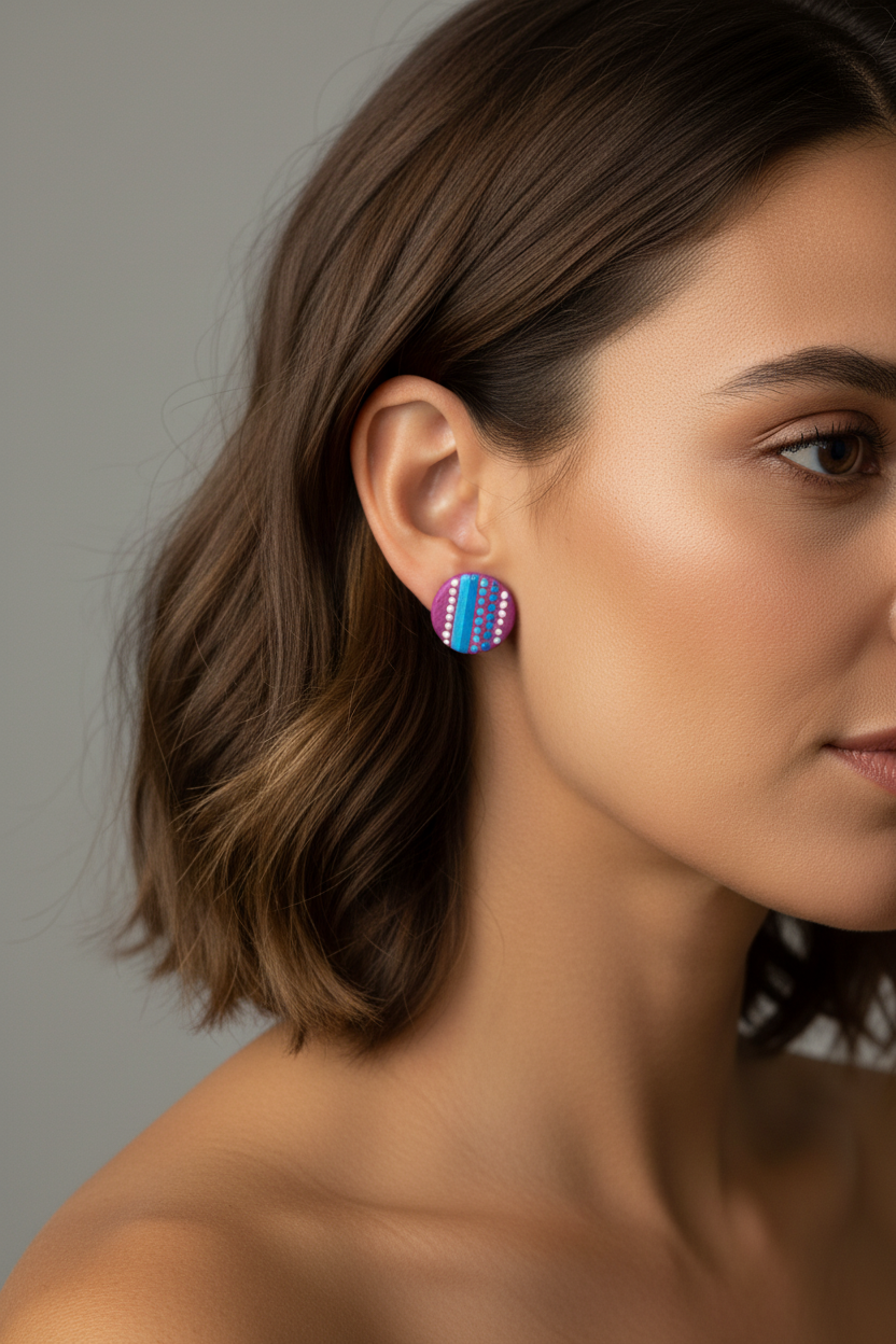 Magenta & aqua – Hand-Painted Aboriginal Art Round Stud Earrings