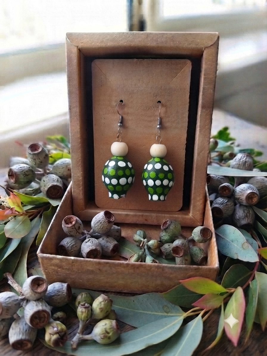 Green – Hand-Painted Aboriginal Art Sterling Silver Gumnut Earrings