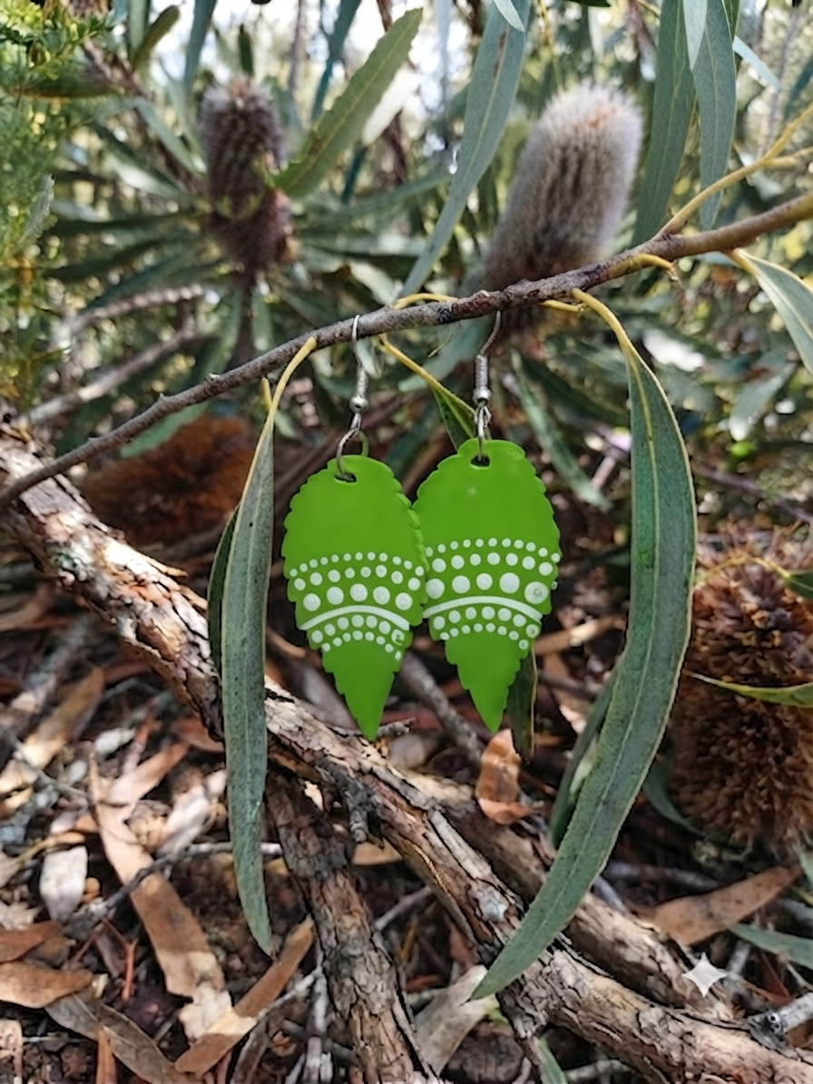Lime Green – Hand-Painted Aboriginal Art Sterling Silver Leaf Earrings (Style 2)