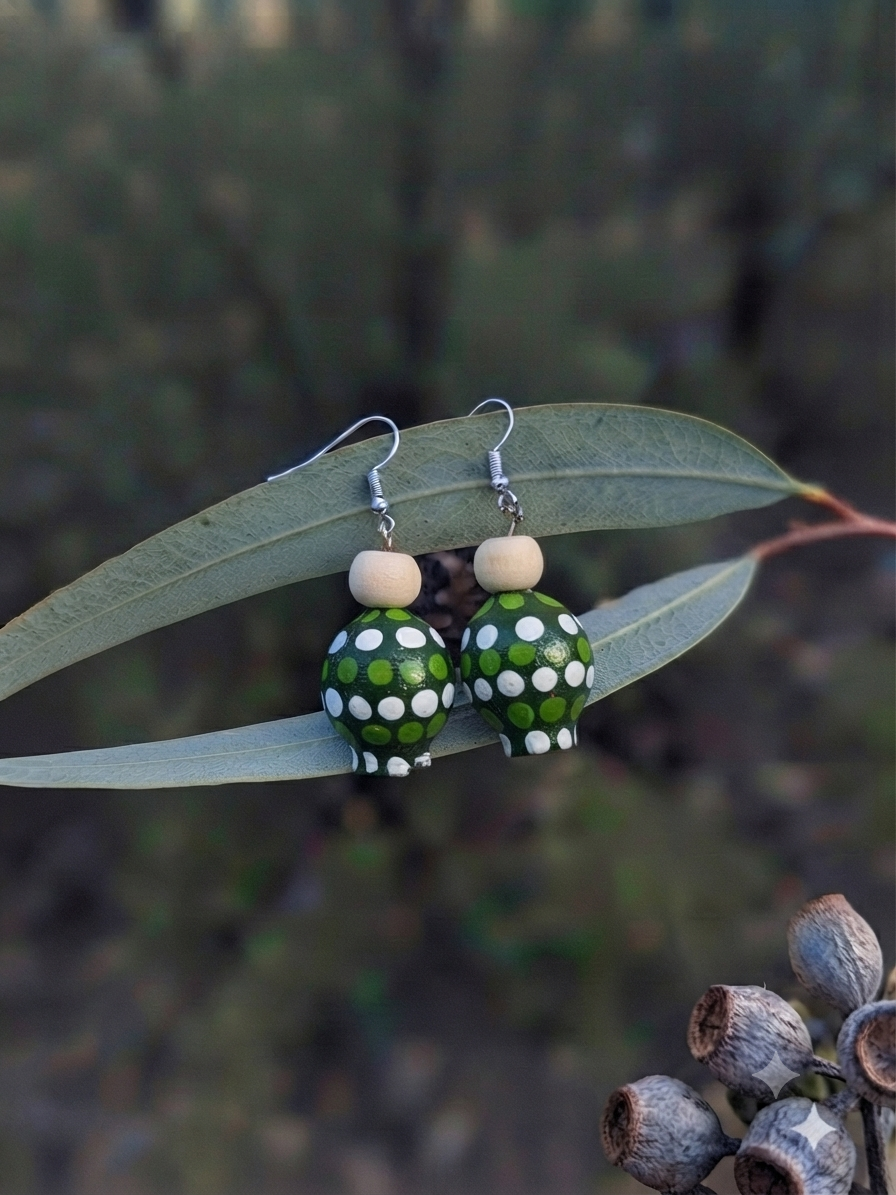 Green – Hand-Painted Aboriginal Art Sterling Silver Gumnut Earrings