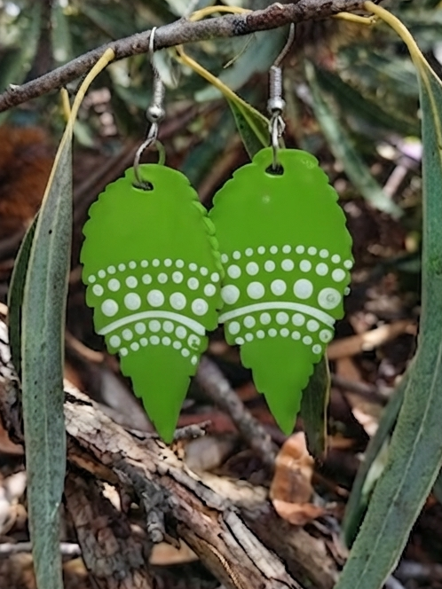 Lime Green – Hand-Painted Aboriginal Art Sterling Silver Leaf Earrings (Style 2)