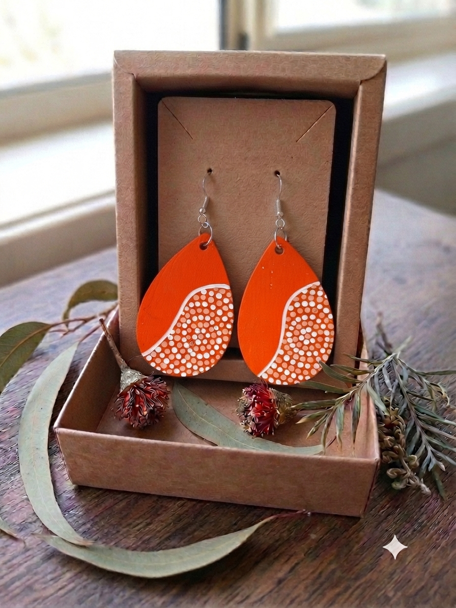 Let Us Meet – Hand-Painted Aboriginal Art Sterling Silver Teardrop Earrings – Orange