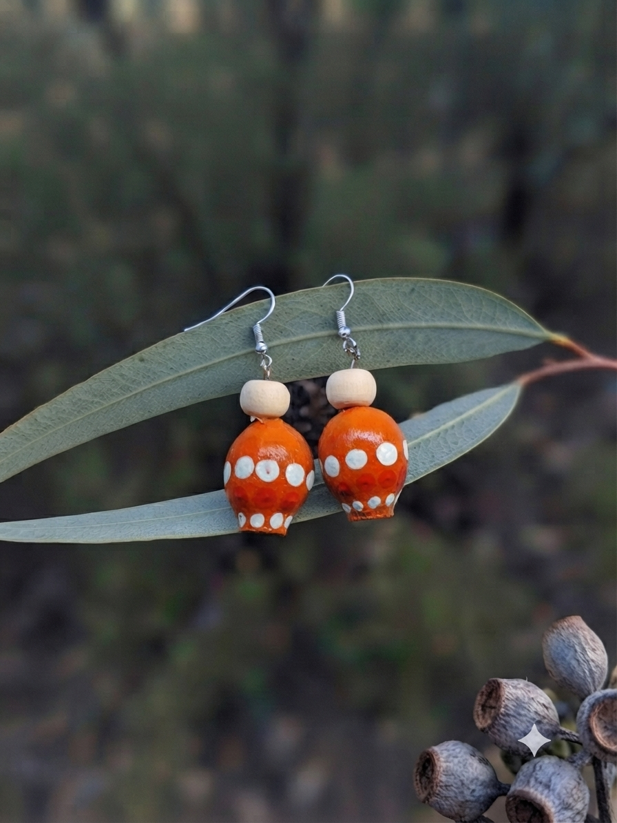 Orange – Hand-Painted Aboriginal Art Sterling Silver Gumnut Earrings (Style 4)