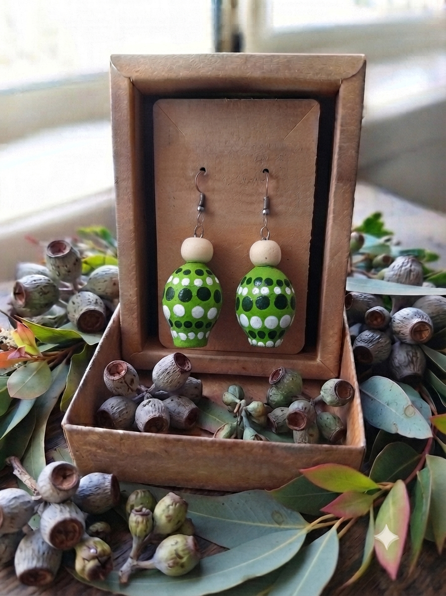 Green – Hand-Painted Aboriginal Art Sterling Silver Gumnut Earrings