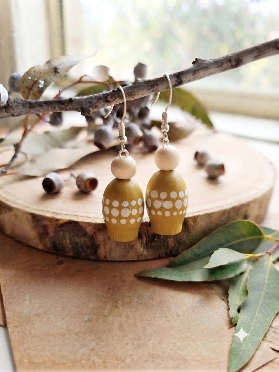 Yellow Ochre – Hand-Painted Aboriginal Art Gumnut Earrings
