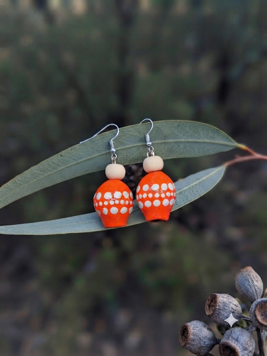 Orange – Hand-Painted Aboriginal Art Sterling Silver Gumnut Earrings (Style 2)