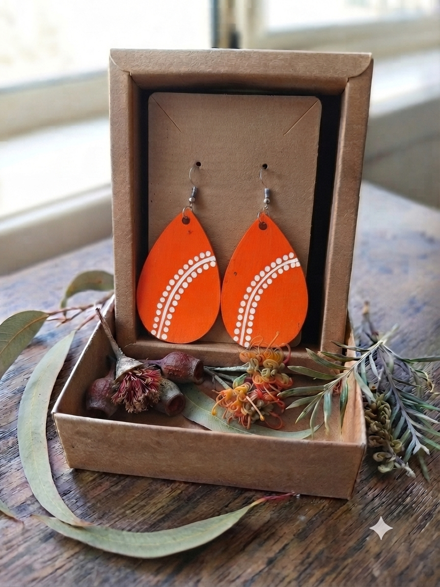Orange – Hand-Painted Aboriginal Art Sterling Silver Teardrop Earrings (Style 3)