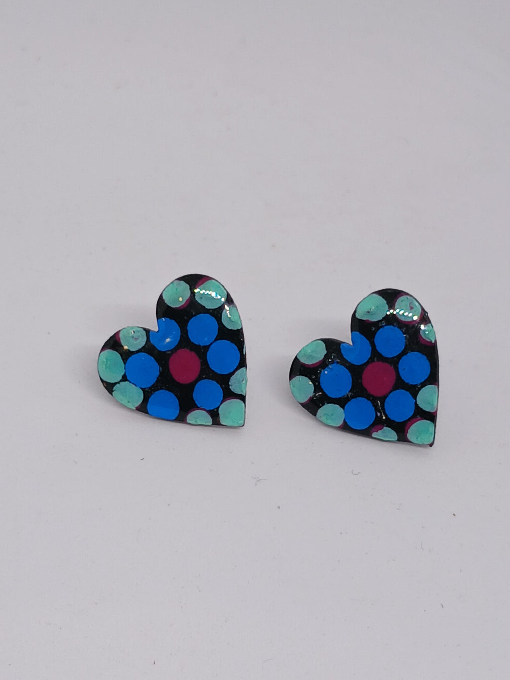 Black, Blue and Teal – Hand-Painted Aboriginal Art Heart Stud Earrings (20mm)
