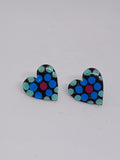 Black, Blue and Teal – Hand-Painted Aboriginal Art Heart Stud Earrings (20mm)