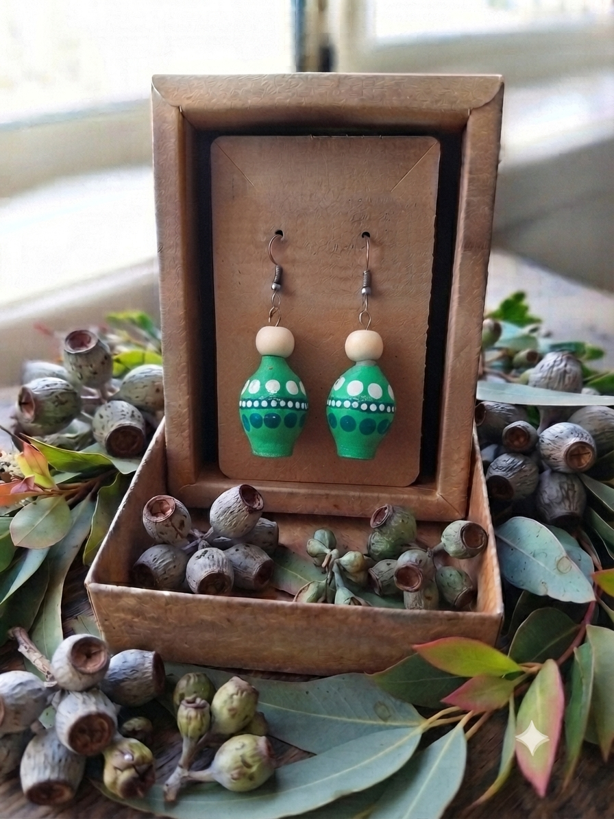 Green – Hand-Painted Aboriginal Art Sterling Silver Gumnut Earrings