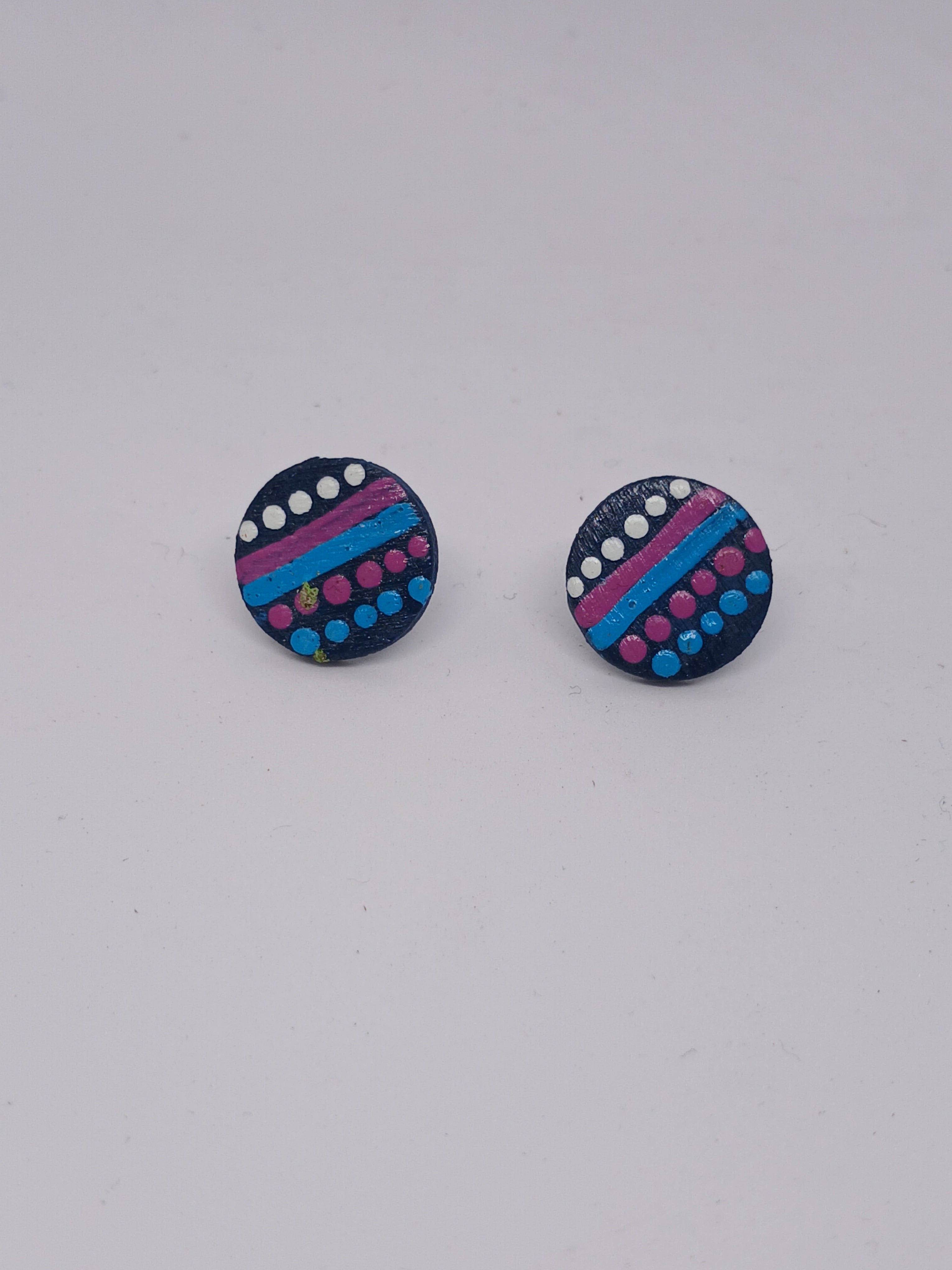 Navy, pink, blue & white – Hand-Painted Aboriginal Art Round Stud Earrings