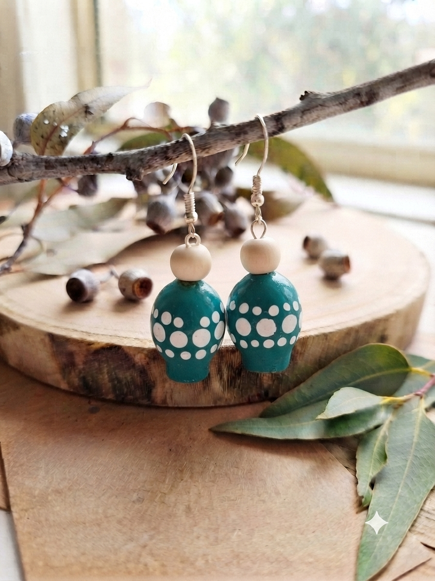 Green – Hand-Painted Aboriginal Art Sterling Silver Gumnut Earrings