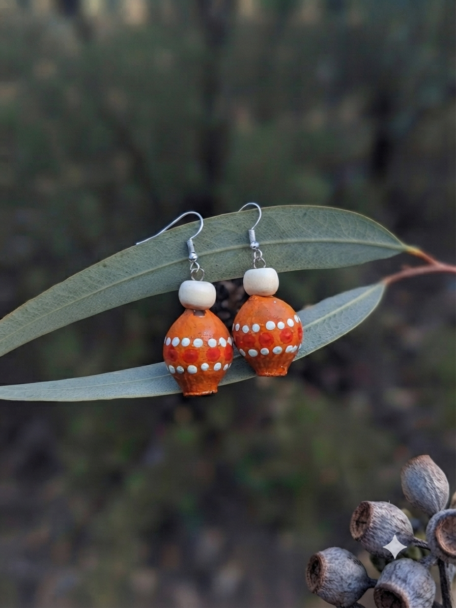 Orange – Hand-Painted Aboriginal Art Sterling Silver Gumnut Earrings (Style 3)