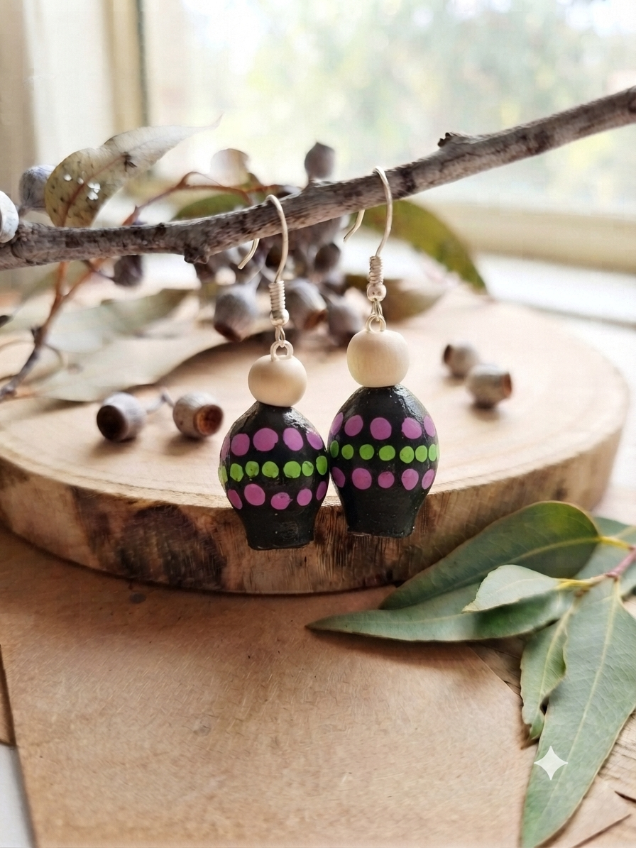 Black Multi – Hand-Painted Aboriginal Art Gumnut Earrings