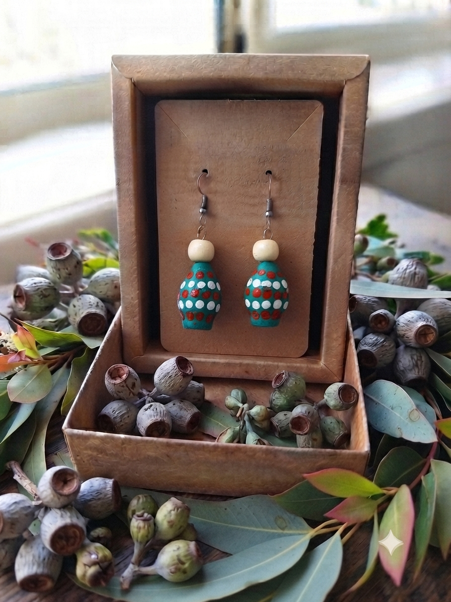 Green – Hand-Painted Aboriginal Art Sterling Silver Gumnut Earrings