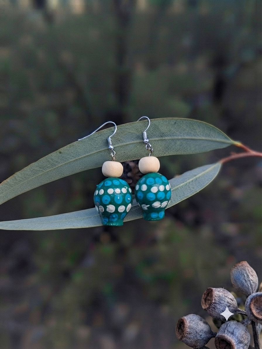 Green – Hand-Painted Aboriginal Art Sterling Silver Gumnut Earrings
