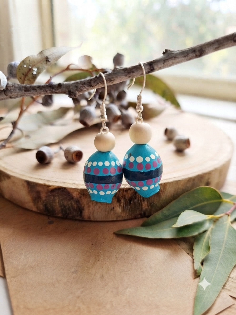 Teal – Hand-Painted Aboriginal Art Gumnut Earrings