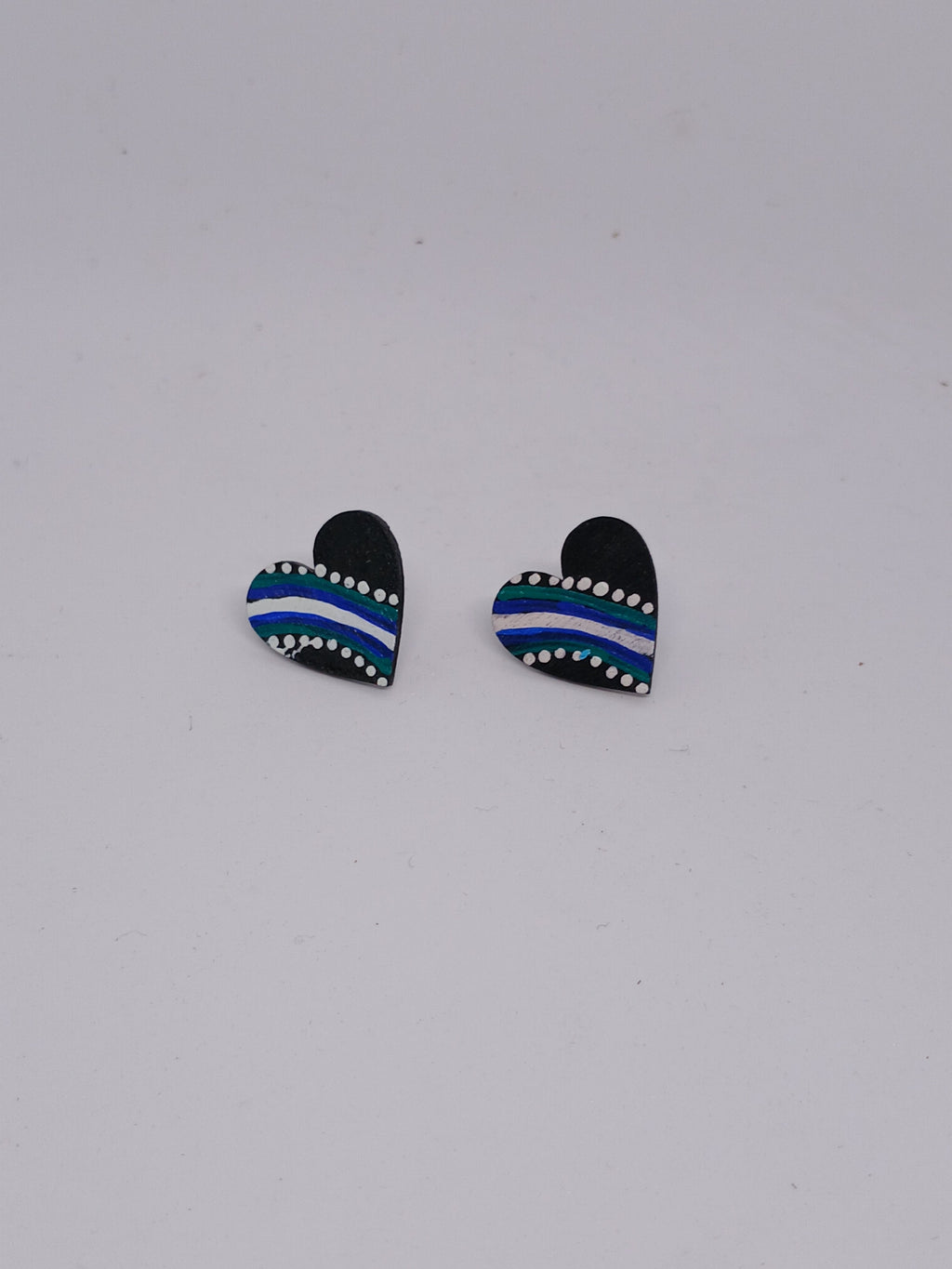 Black, Teal & Blue – Hand-Painted Aboriginal Art Heart Stud Earrings (20mm)