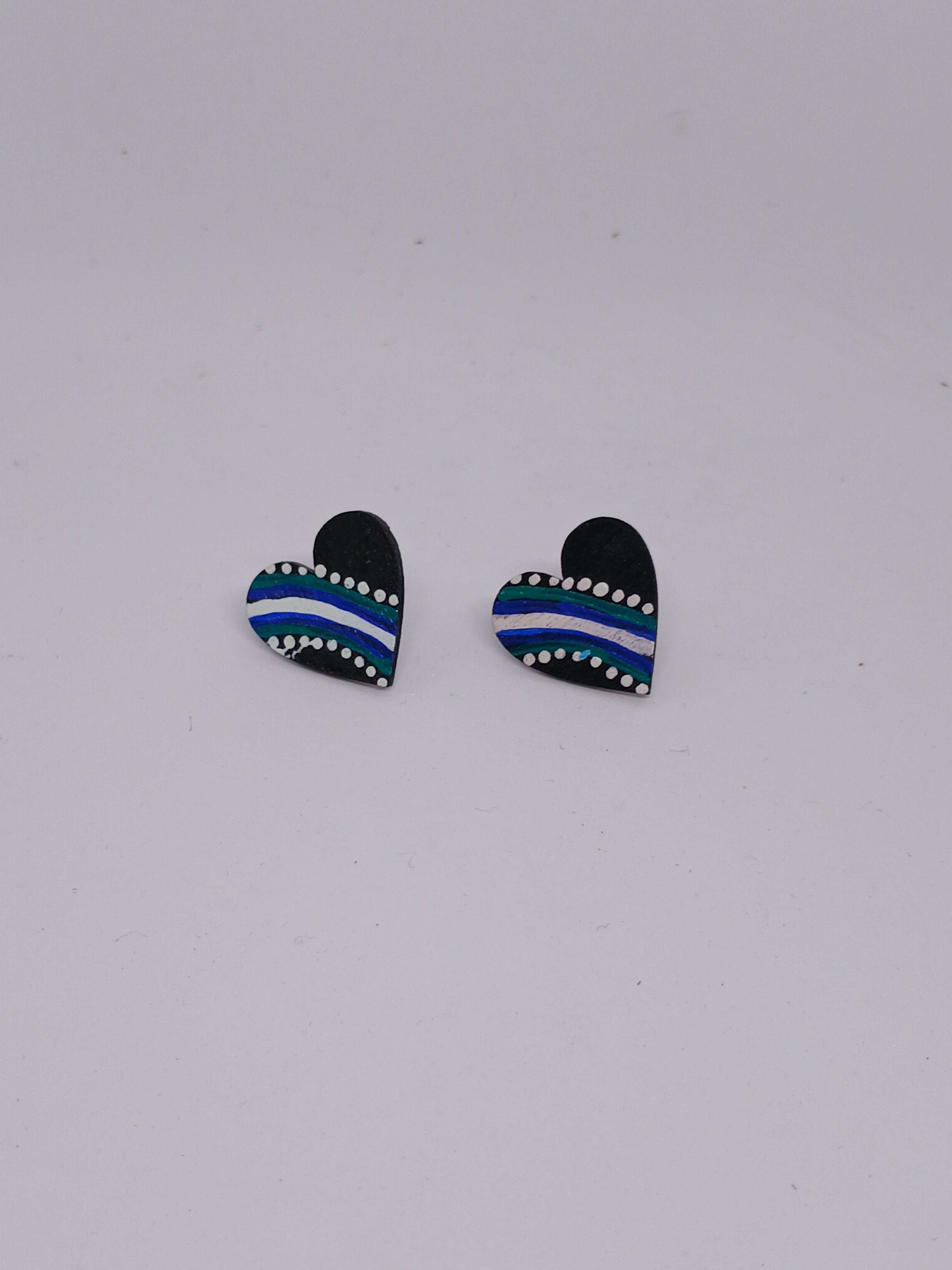 Black, Teal & Blue – Hand-Painted Aboriginal Art Heart Stud Earrings (20mm)